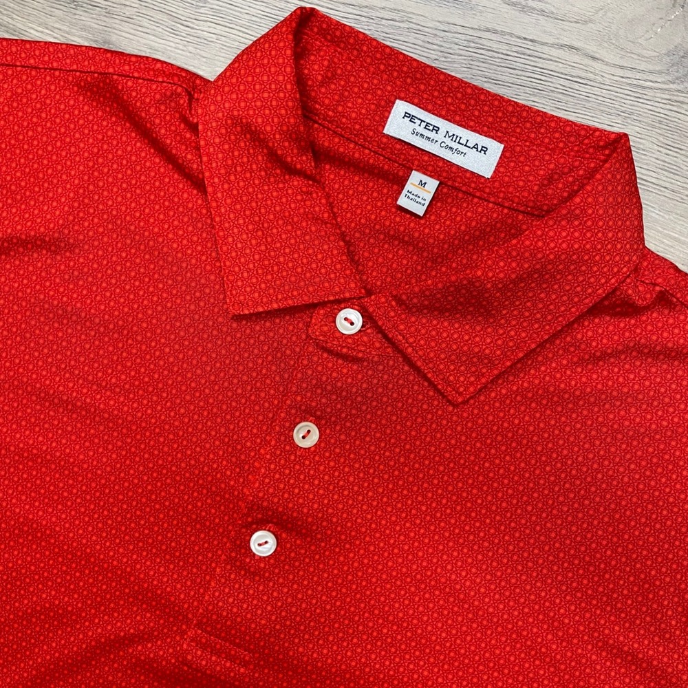 Peter Millar Polo Shirt Mens M Red Summer Comfort Geometric Short Sleeve